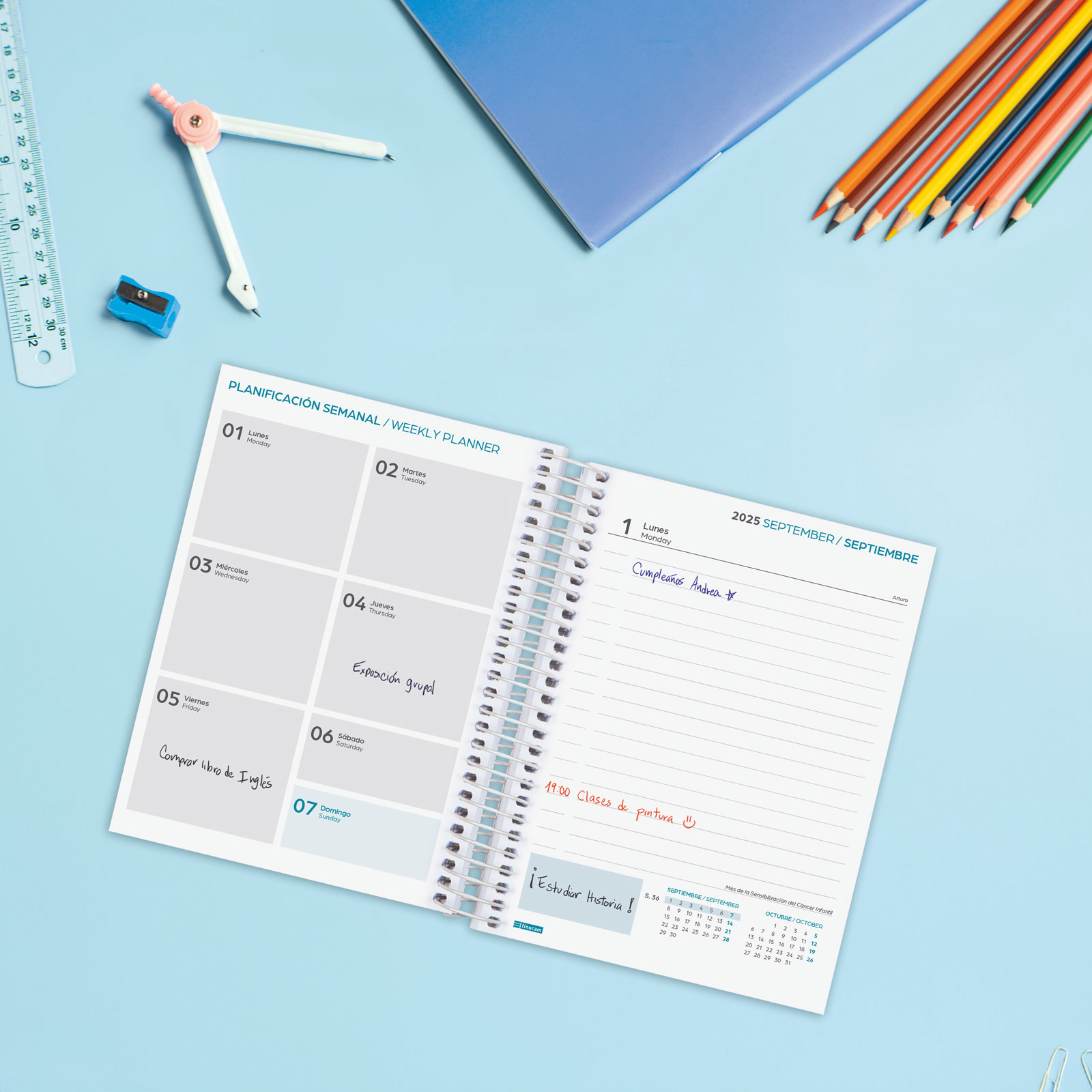 Agenda curso 2025-2026 Cool 1/8-120x164 mm 1 día página Finocam negro multilingüe Negro-3