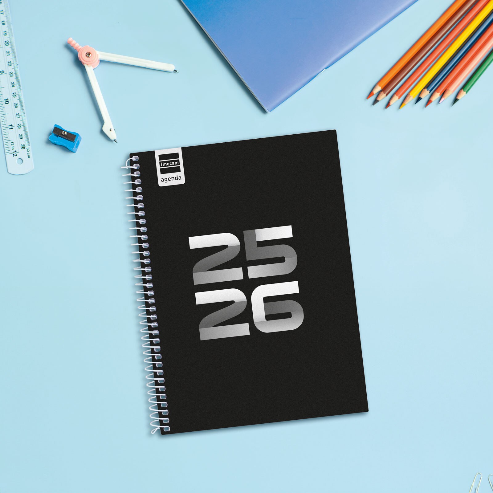 Agenda curso 2025-2026 Cool 1/4-155x212 mm semana vista horizontal Finocam negro multilingüe Negro-2