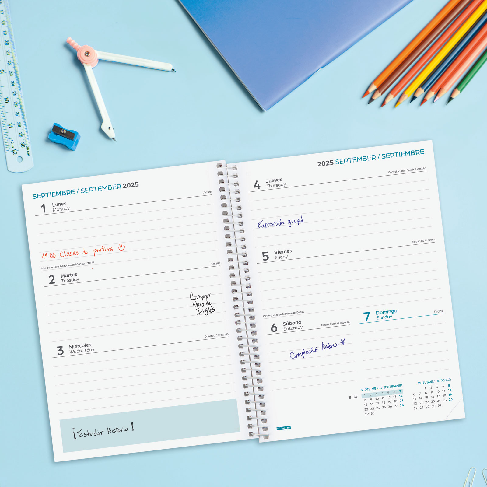 Agenda curso 2025-2026 Cool 1/4-155x212 mm semana vista horizontal Finocam negro multilingüe Negro-3