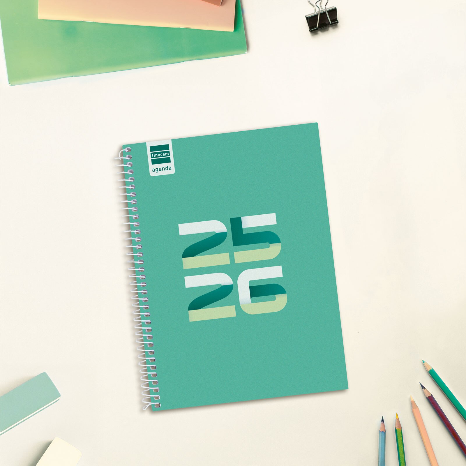 Agenda curso 2025-2026 Cool 1/4-155x212 mm semana vista horizontal Finocam verde multilingue Verde-2