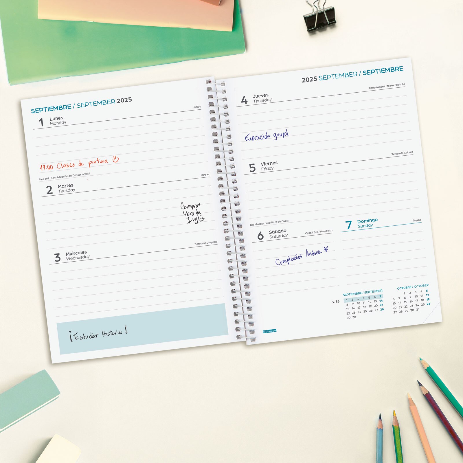 Agenda curso 2025-2026 Cool 1/4-155x212 mm semana vista horizontal Finocam verde multilingue Verde-3