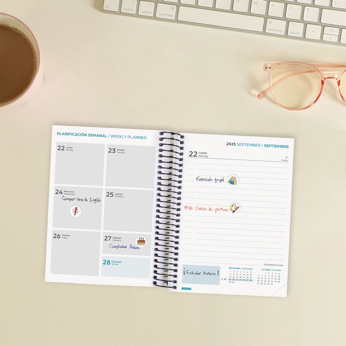 Agenda curso 2025-2026 Secundaria 1/8-120x164 mm 1 día página Finocam negro multilingüe Negro-3