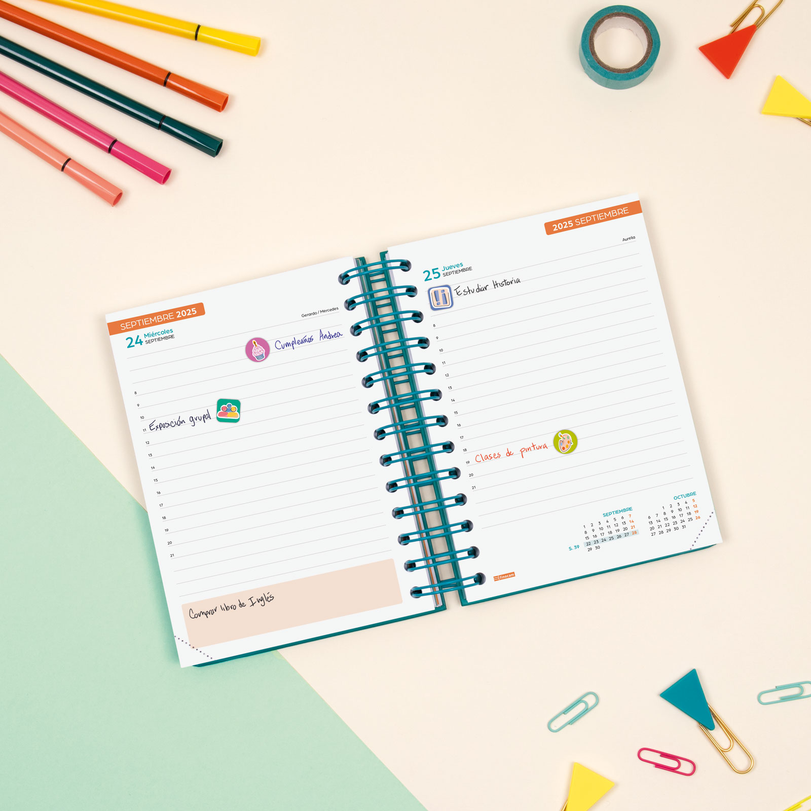 Agenda curso 2025-2026 Cosmo 1/8-120x169 mm 1 día página Iris Finocam Multicolor-3