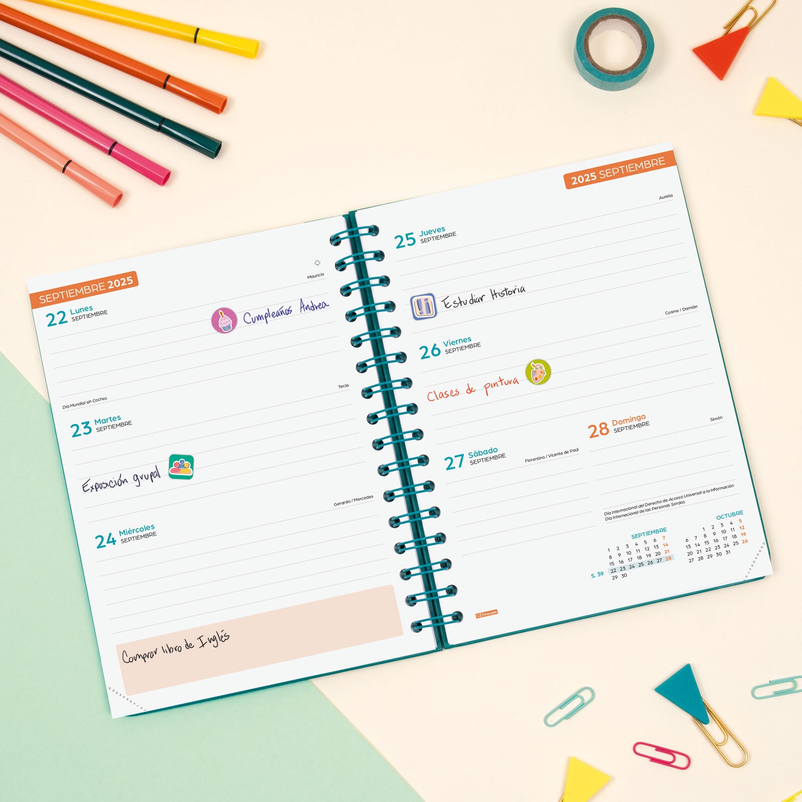Agenda curso 2025-2026 Cosmo 1/4-155x212 mm semana vista horizontal Iris Finocam Multicolor-3