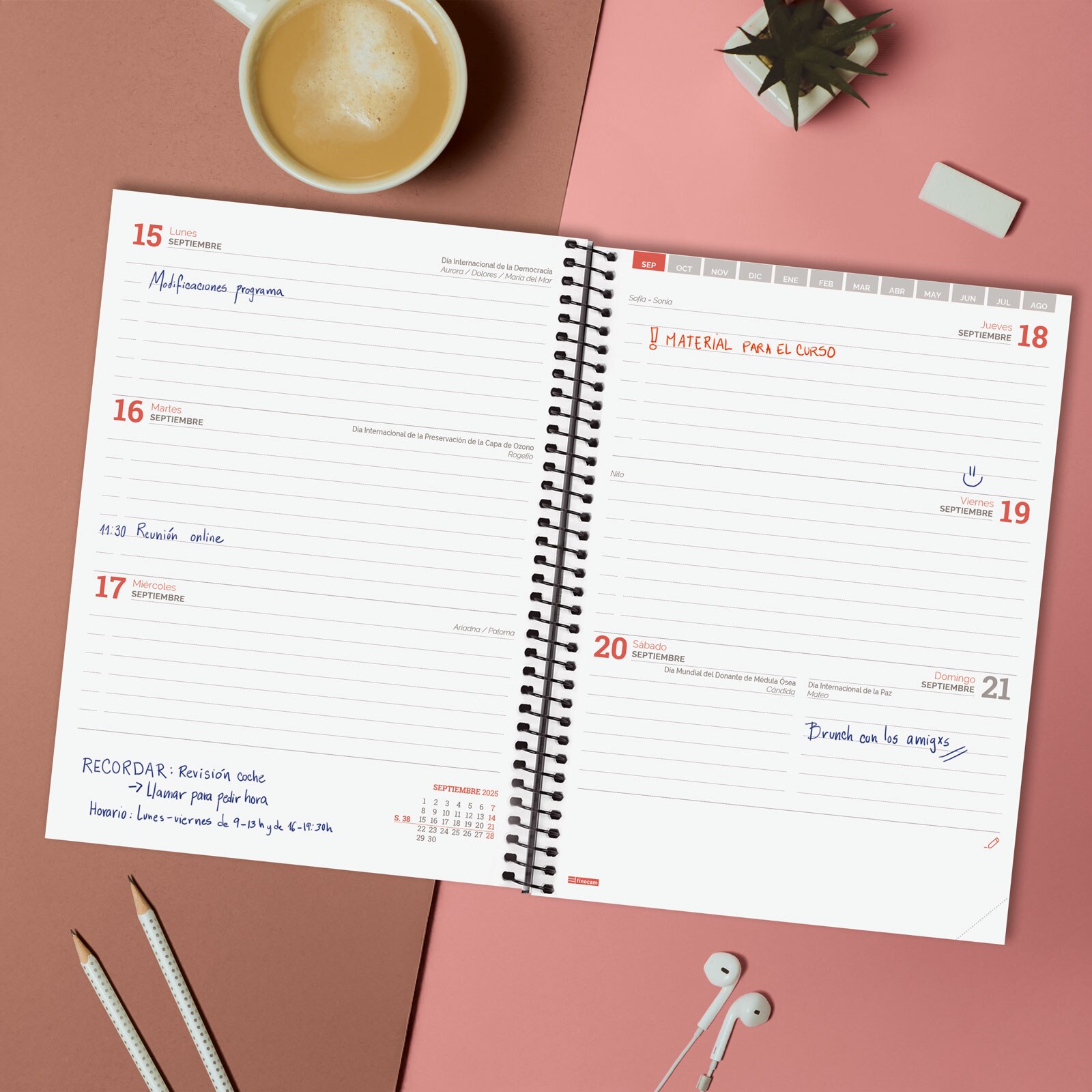 Agenda curso 2025-2026 Espir E10-155x212 mm semana vista horizontal Finocam rosa Rosa-3