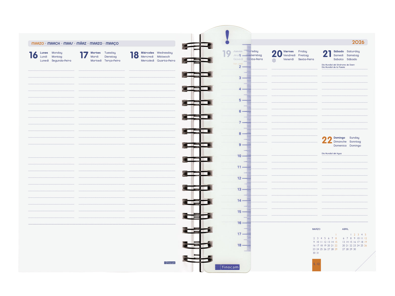 Agenda curso 2025-2026 Institut 1/4-155x215 mm semana vista vertical Finocam azul turquesa multilingue Turquesa-4