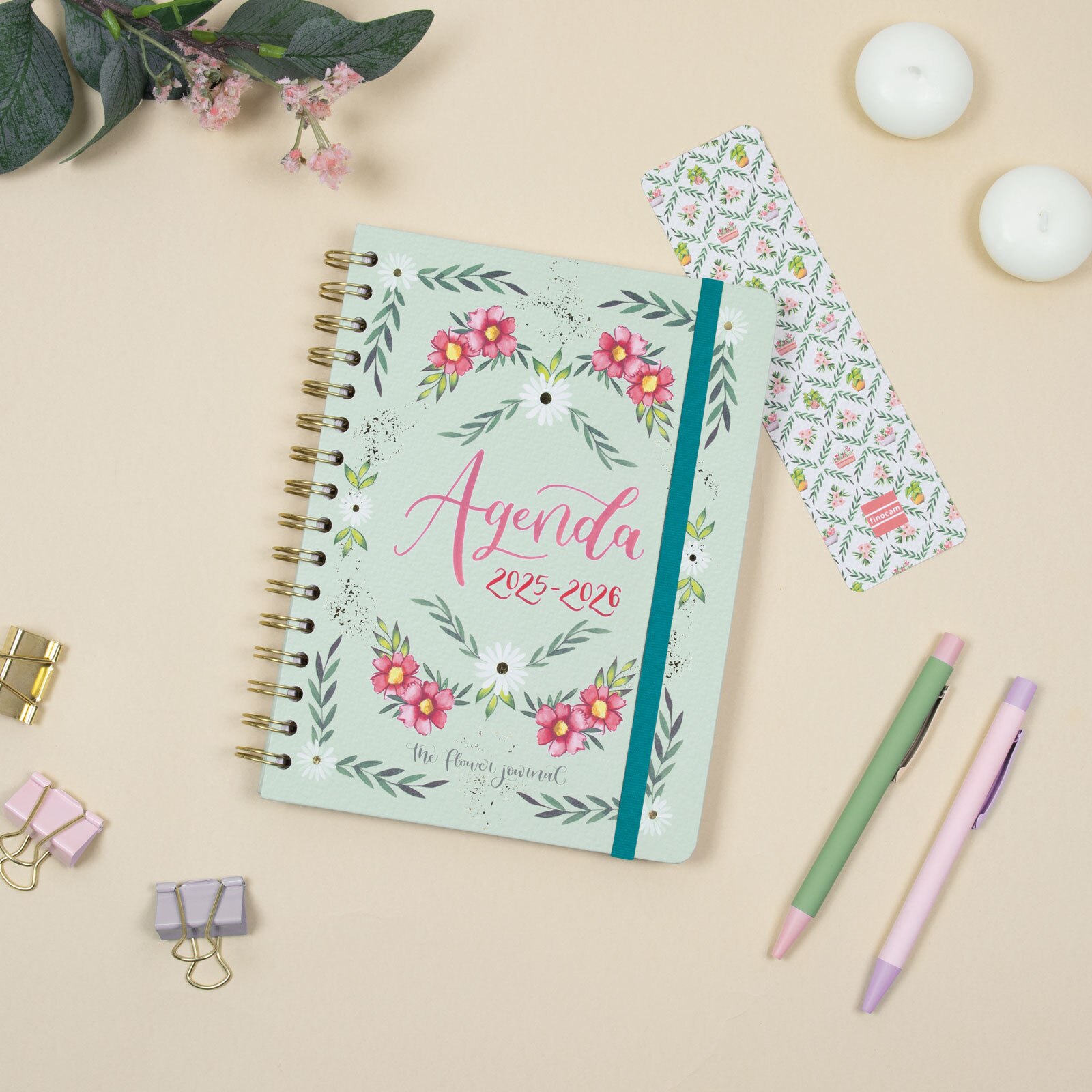 Agenda curso 2025-2026 The Flower Journal E10-155x212 mm semana vista horizontal Finocam verde Verde-2