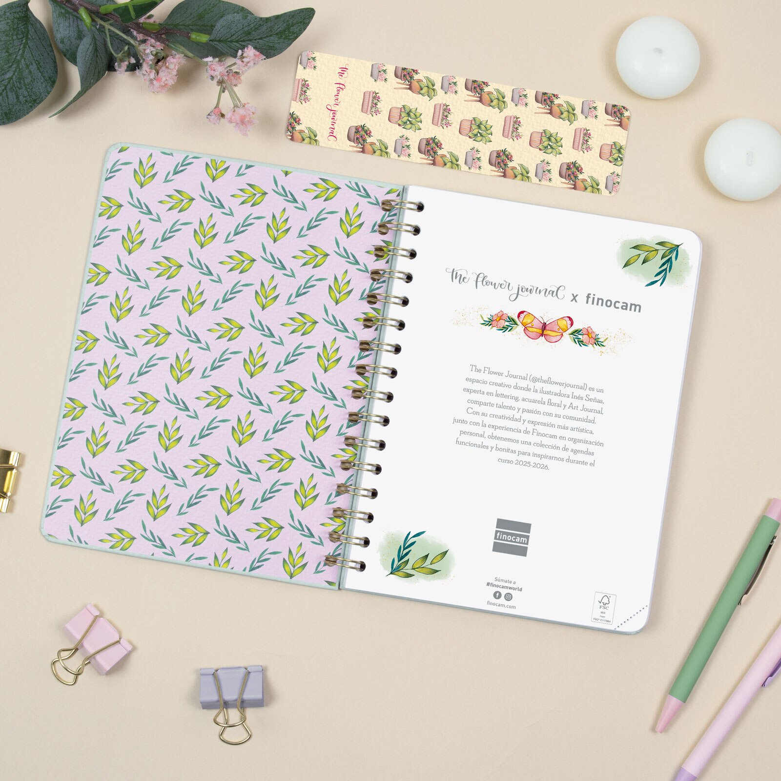 Agenda curso 2025-2026 The Flower Journal E10-155x212 mm semana vista horizontal Finocam verde Verde-3