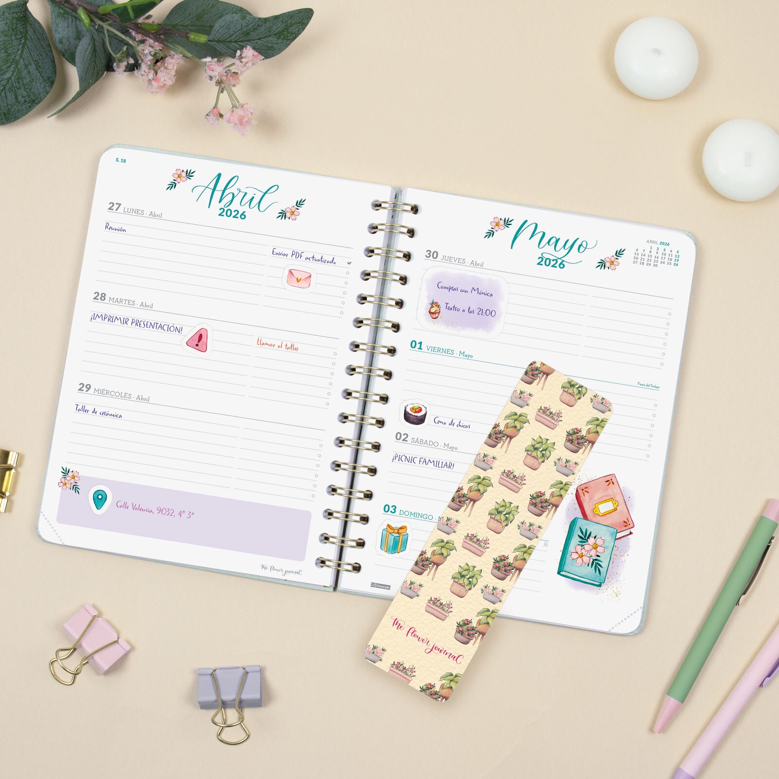 Agenda curso 2025-2026 The Flower Journal E10-155x212 mm semana vista horizontal Finocam verde Verde-4