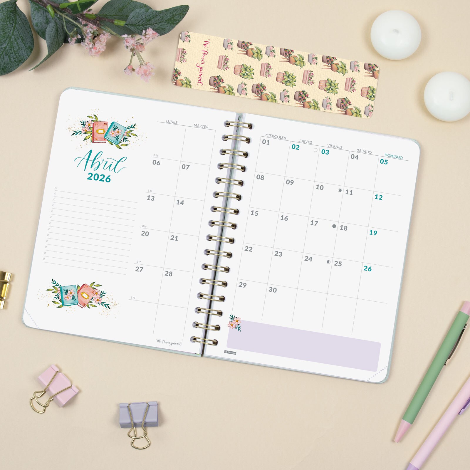 Agenda curso 2025-2026 The Flower Journal E10-155x212 mm semana vista horizontal Finocam verde Verde-5