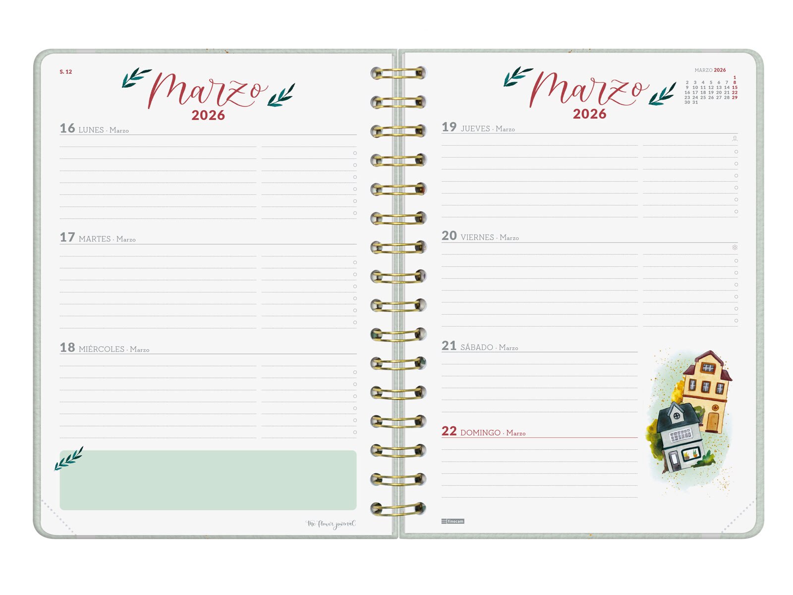 Agenda curso 2025-2026 The Flower Journal E10-155x212 mm semana vista horizontal Finocam verde Verde-8