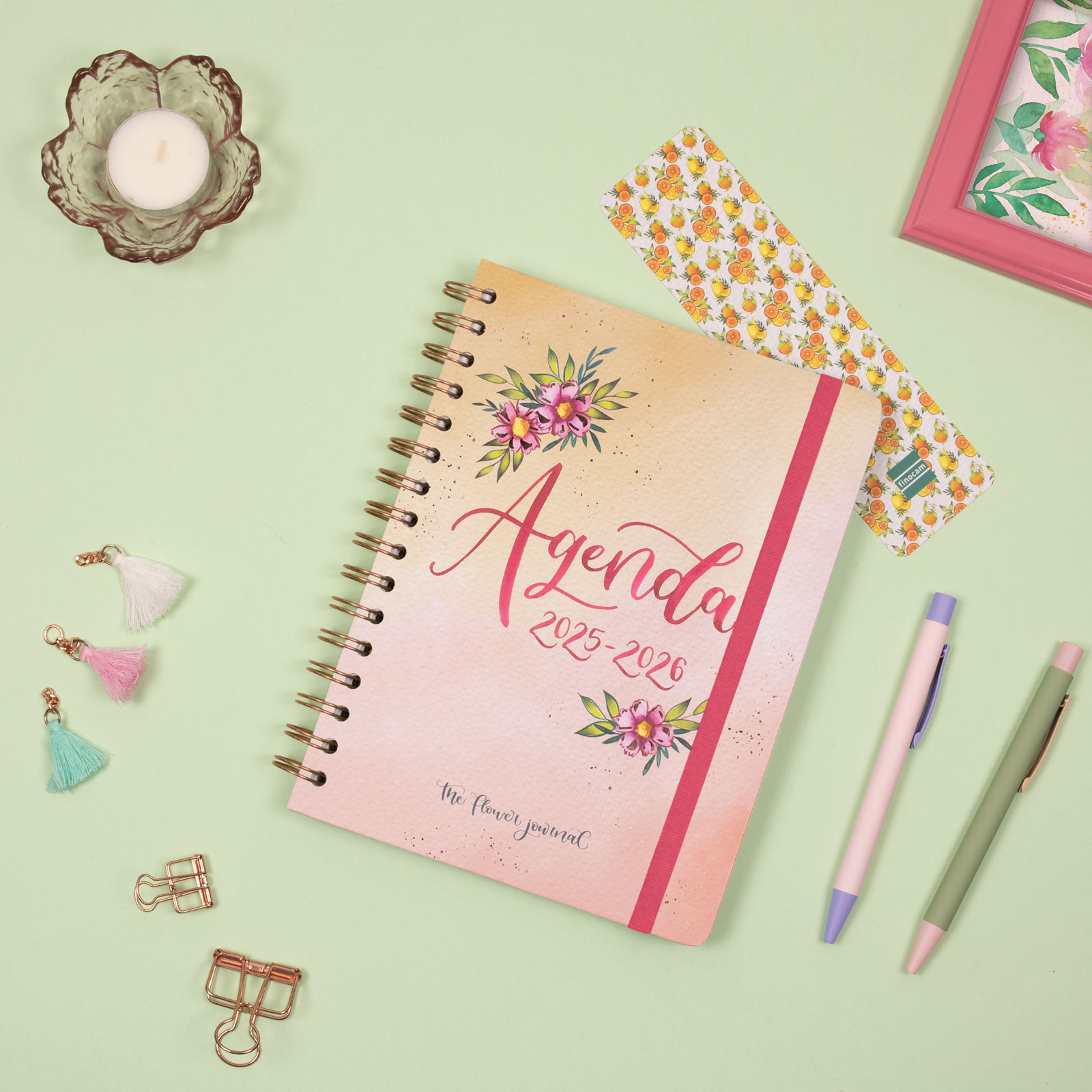 Agenda curso 2025-2026 The Flower Journal E10-155x212 mm semana vista horizontal Finocam rosa Rosa-2