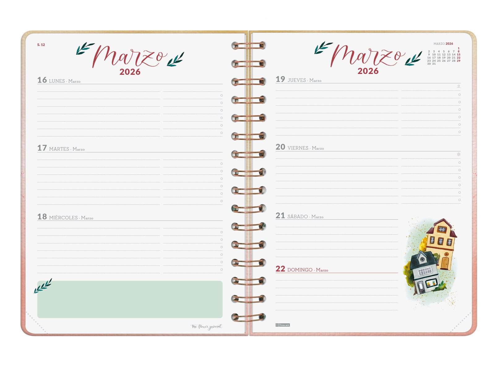 Agenda curso 2025-2026 The Flower Journal E10-155x212 mm semana vista horizontal Finocam rosa Rosa-8