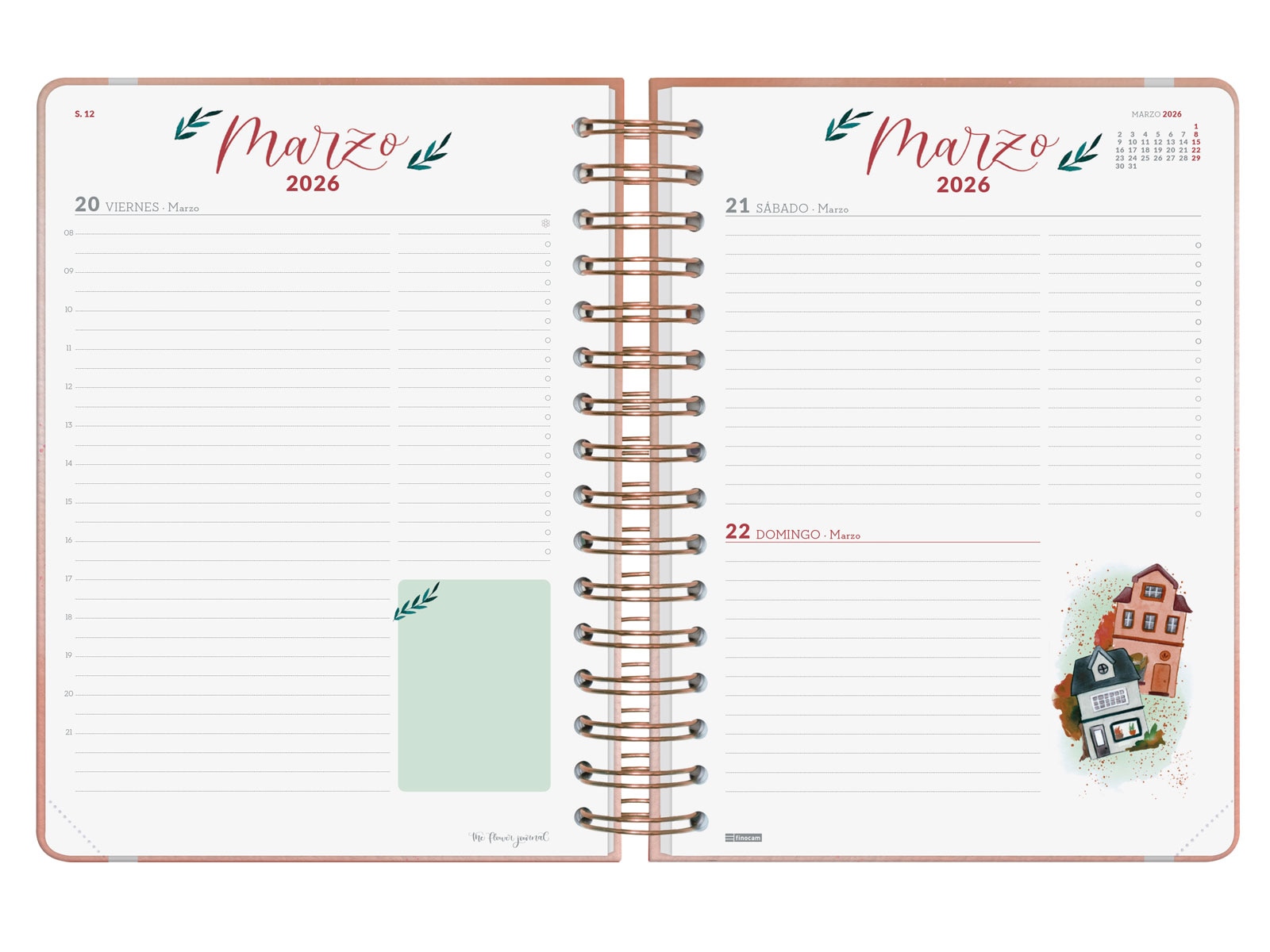 Agenda curso 2025-2026 The Flower Journal E10-155x212 mm 1 día página Finocam rosa Rosa-8