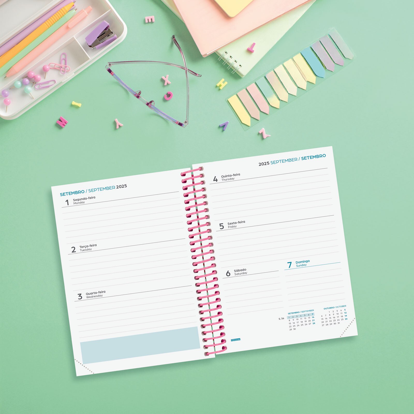 Agenda curso 2025-2026 Diva 1/8-120x164 mm semana vista horizontal Spring Finocam portugués multilingüe Multicolor-3