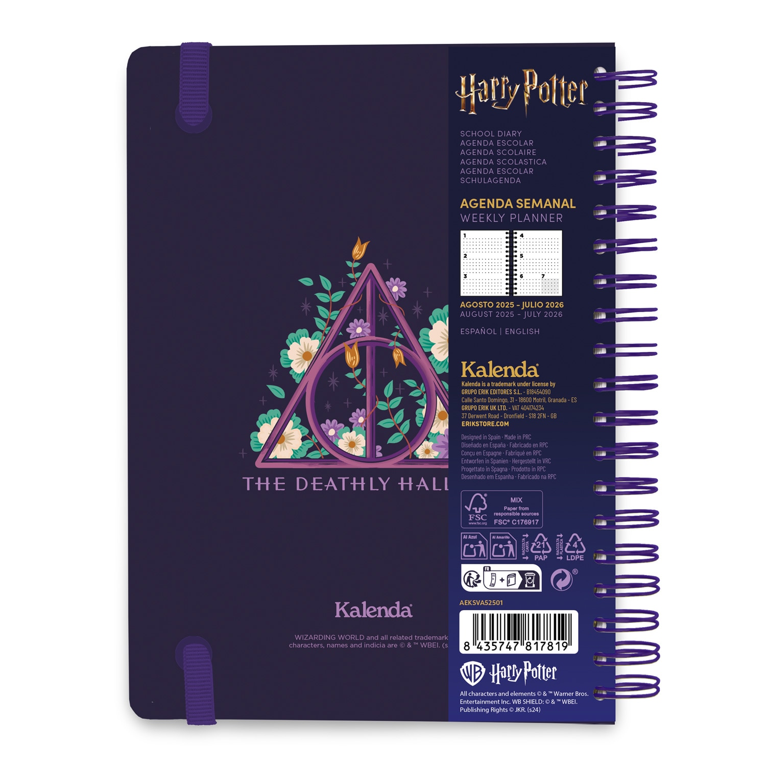 Agenda escolar 2025/2026 semana vista a5 12 meses Harry Potter Kalenda morado Morado / Azul-2
