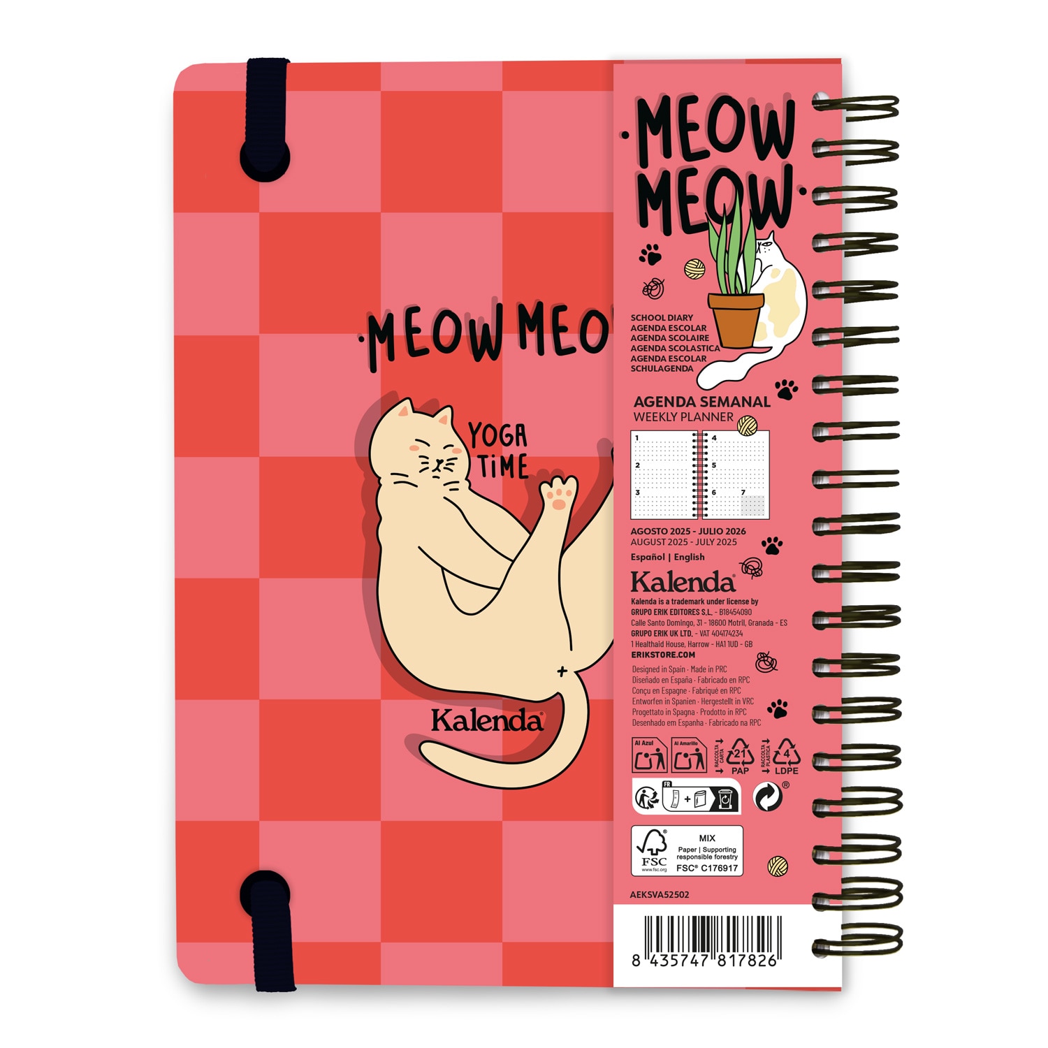 Agenda escolar 2025/2026 semana vista a5 12 meses Meow meow Kalenda rojo Rojo / Negro-2