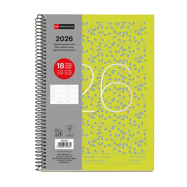 Imagem 0 de Agenda 18 Meses Plus Semana Vista Hojas 2025-2026 Miquelrius Castelhano