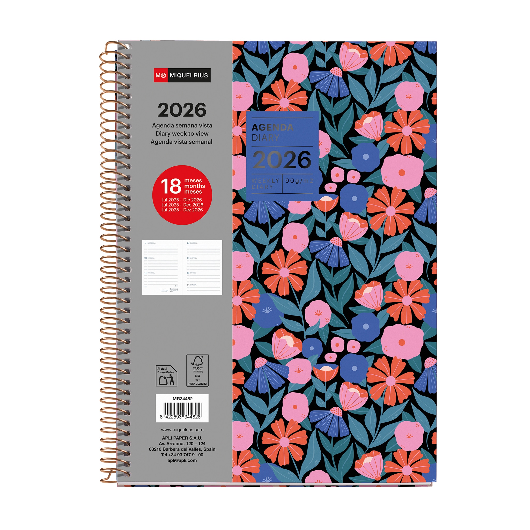 Imagem 0 de Agenda 18 Meses Plus Semana Vista Dark Flora 2025-2026 Miquelrius Castelhano