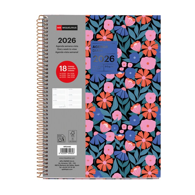 Imagem 0 de Agenda 18 Meses Plus Semana Vista Dark Flora 2025-2026 Miquelrius Castelhano