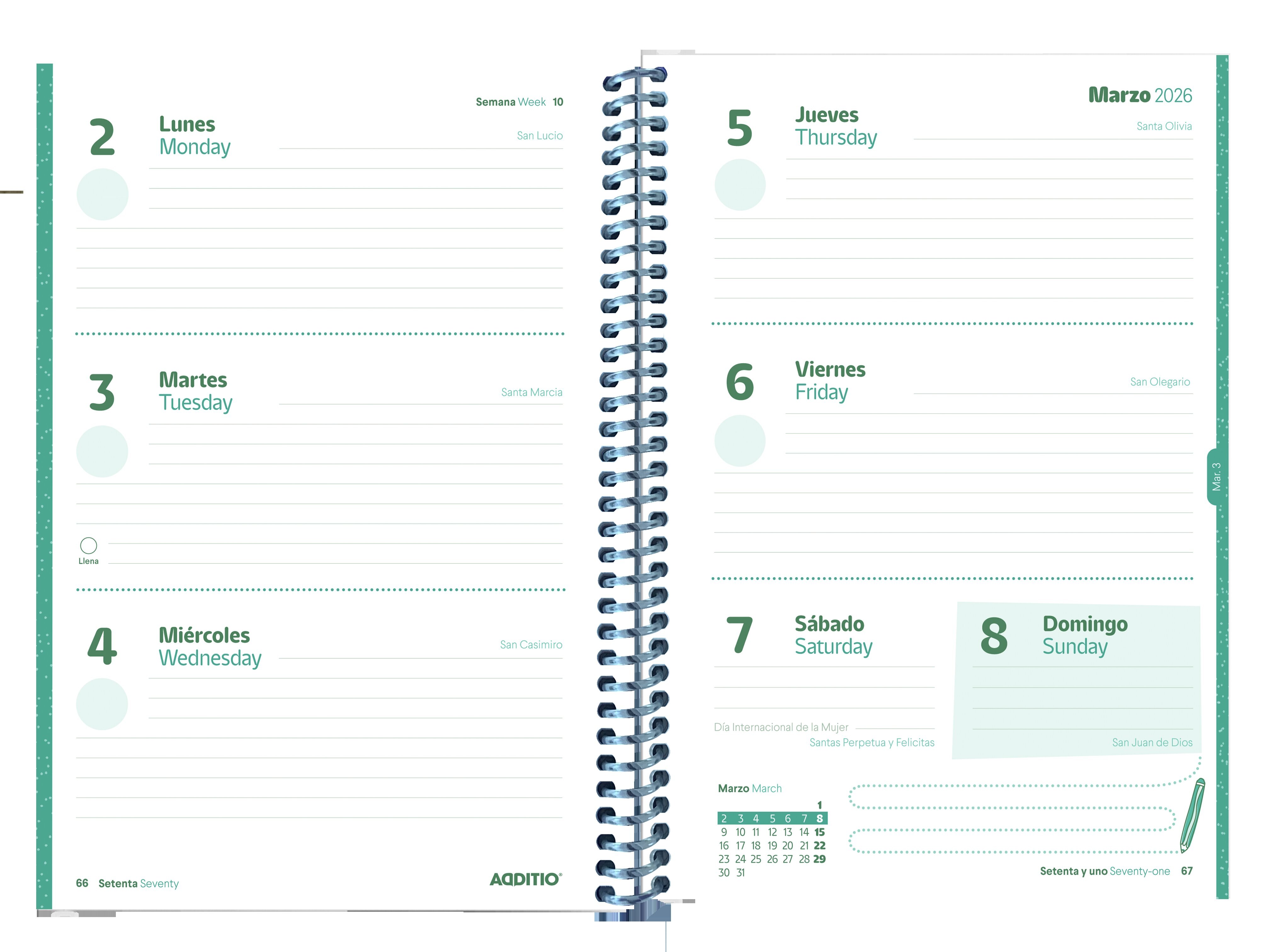 Agenda Planet, Curso 2025-2026 Vista Semanal, Formato DIN A5, Additio, Verde, Espanhol 2