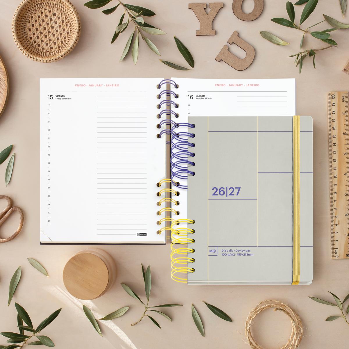 Agenda Escolar Plus Wire-O Día Página Gris Back To Basics 2026-27 Miquelrius Gris-8
