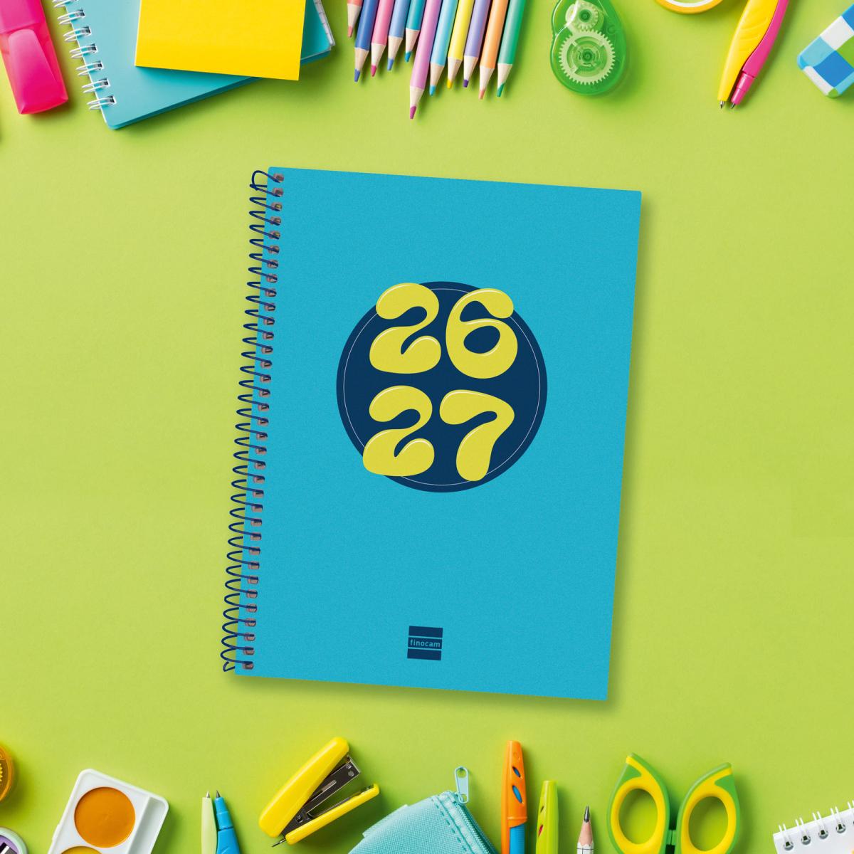 Agenda curso 2026-2027 Cool 4º-155x212 mm semana vista horizontal Finocam azul multilingüe 2