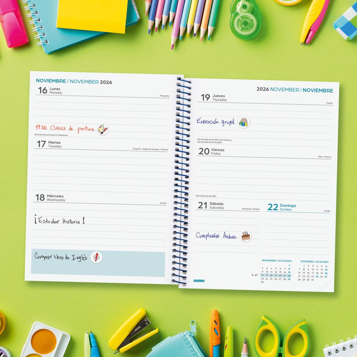 Agenda curso 2026-2027 Cool 4º-155x212 mm semana vista horizontal Finocam azul multilingüe 3