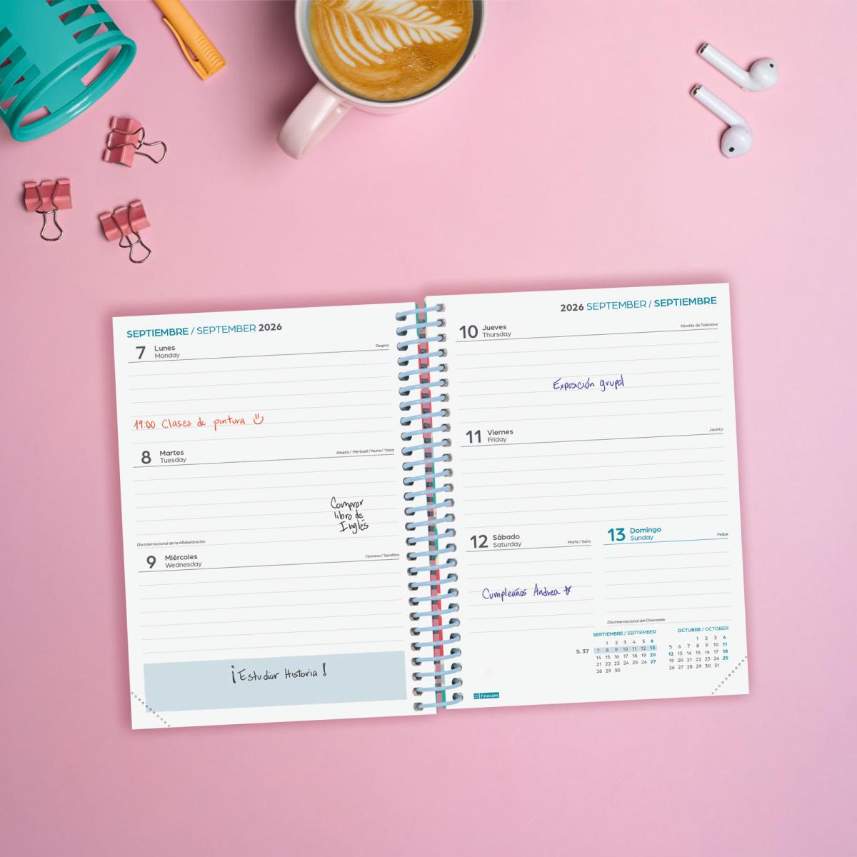 Agenda curso 2026-2027 Diva 8º-120x164 mm semana vista horizontal Spring Finocam multilingüe Multicolor-3