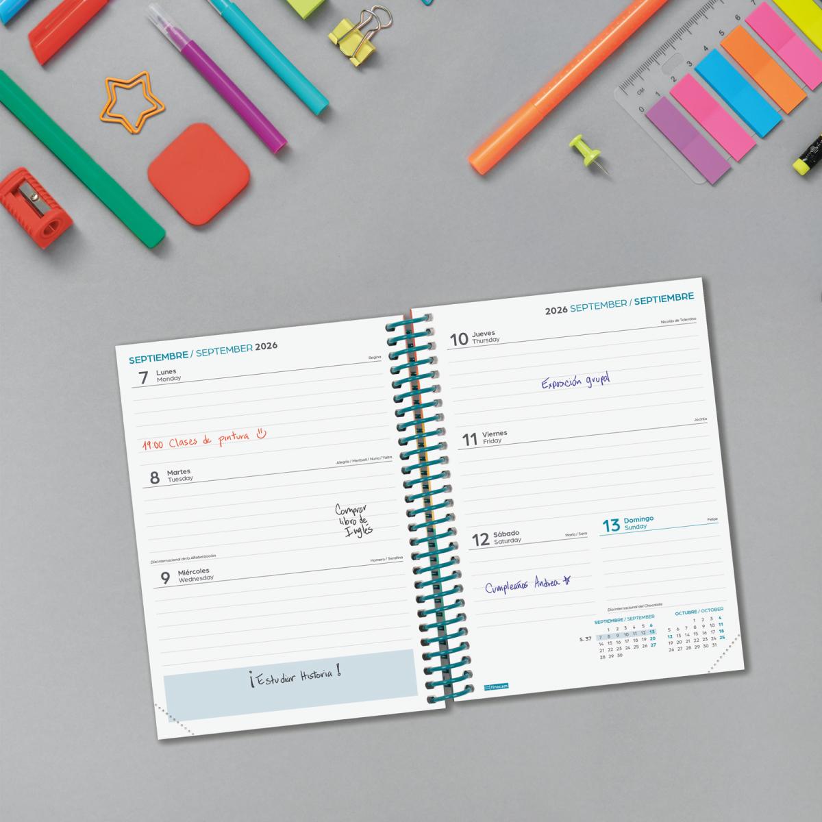 Agenda curso 2026-2027 Diva 8º-120x164 mm semana vista horizontal Colors Finocam multilingüe Multicolor-3