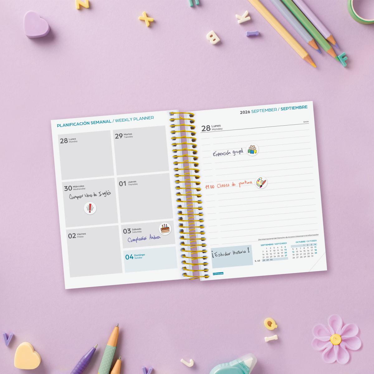 Agenda curso 2026-2027 Secundaria 8º-120x164 mm 1 día página Shine Finocam multilingüe Multicolor-3