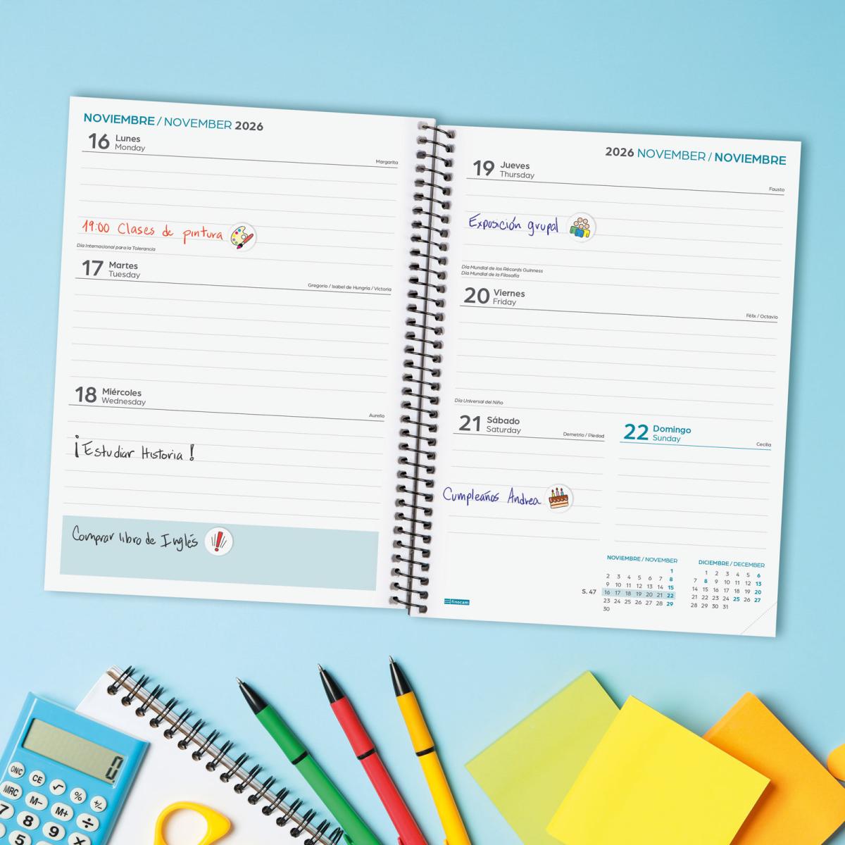 Agenda curso 2026-2027 Secundaria 4º-155x212 mm semana vista horizontal Finocam negro multilingüe 3
