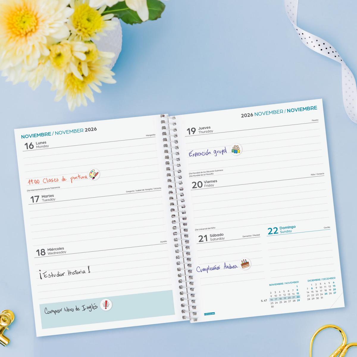 Agenda curso 2026-2027 Secundaria 4º-155x212 mm semana vista horizontal Fiori Finocam multilingüe 3