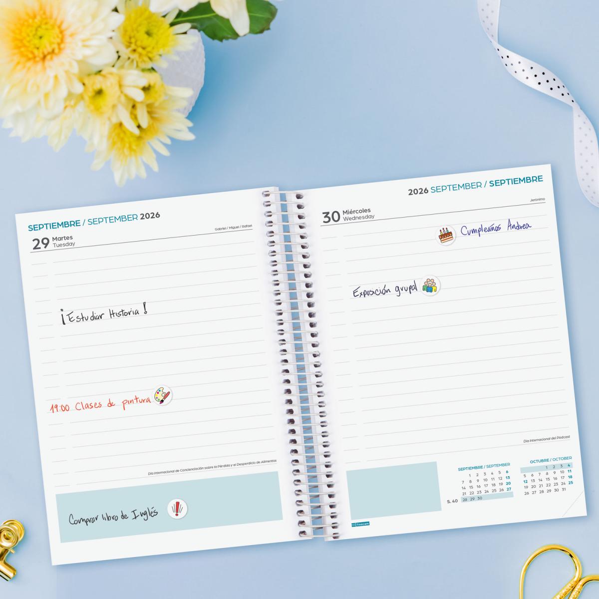 Agenda curso 2026-2027 Secundaria 4º-155x212 mm 1 día página Fiori Finocam multilingüe 3