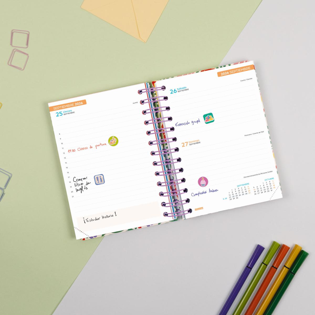 Agenda curso 2026-2027 Cosmo 8º-120x169 mm 1 día página Garden Finocam Multicolor-3