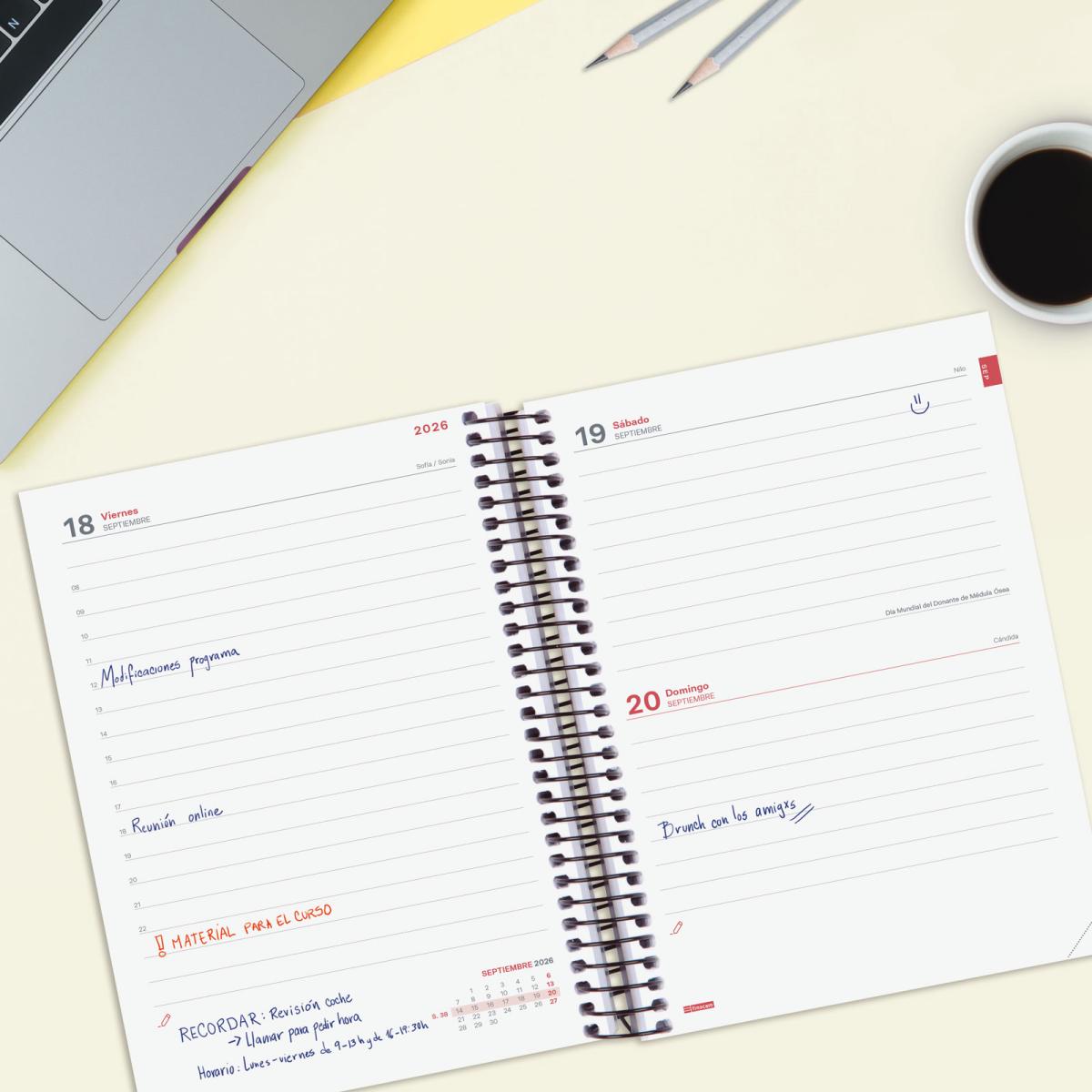 Agenda curso 2026-2027 Espir E10-155x212 mm 1 día página Finocam rojo 3