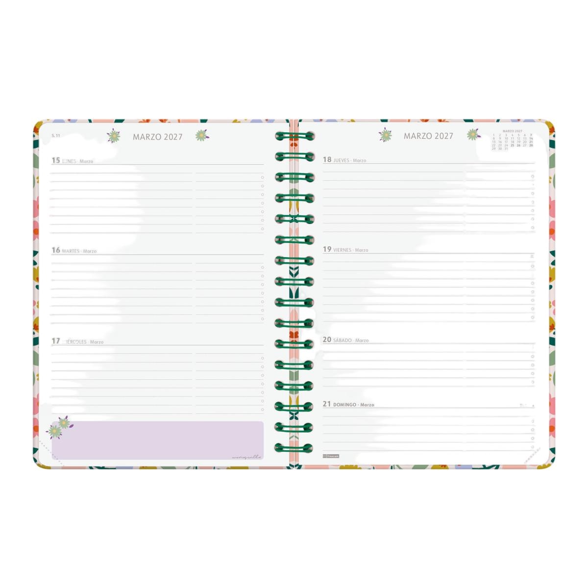 Agenda curso 2026-2027 Moniquilla E10-155x212 mm semana vista horizontal Finocam verde 8
