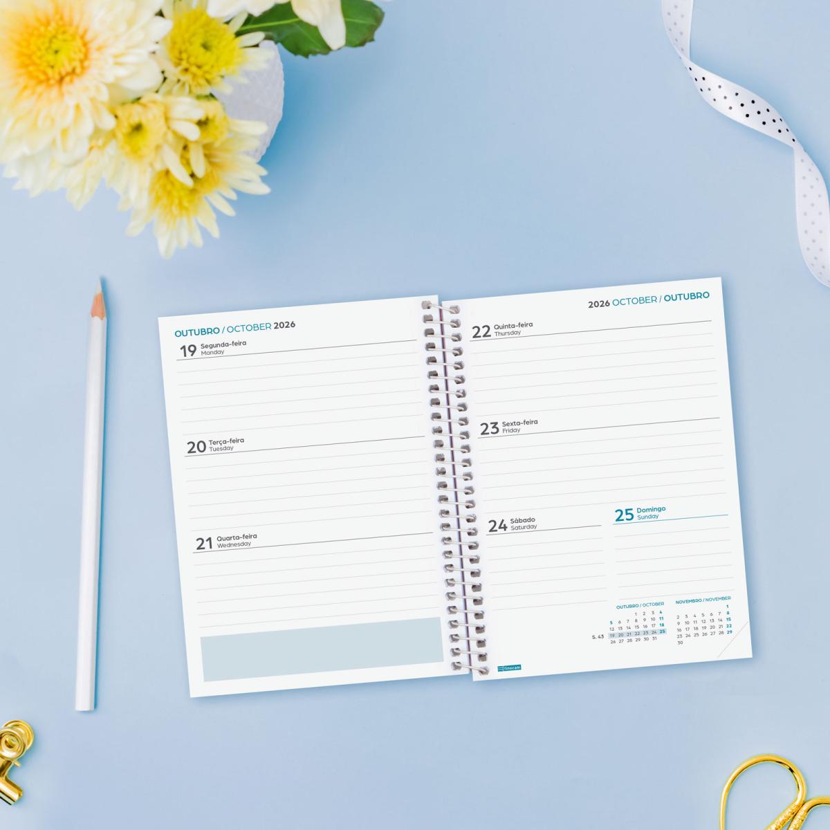 Agenda Escolar 2026-2027 Gamma 8º-120x164 mm Vista Semanal Horizontal Fiori Português Multilingue Multicolor-3