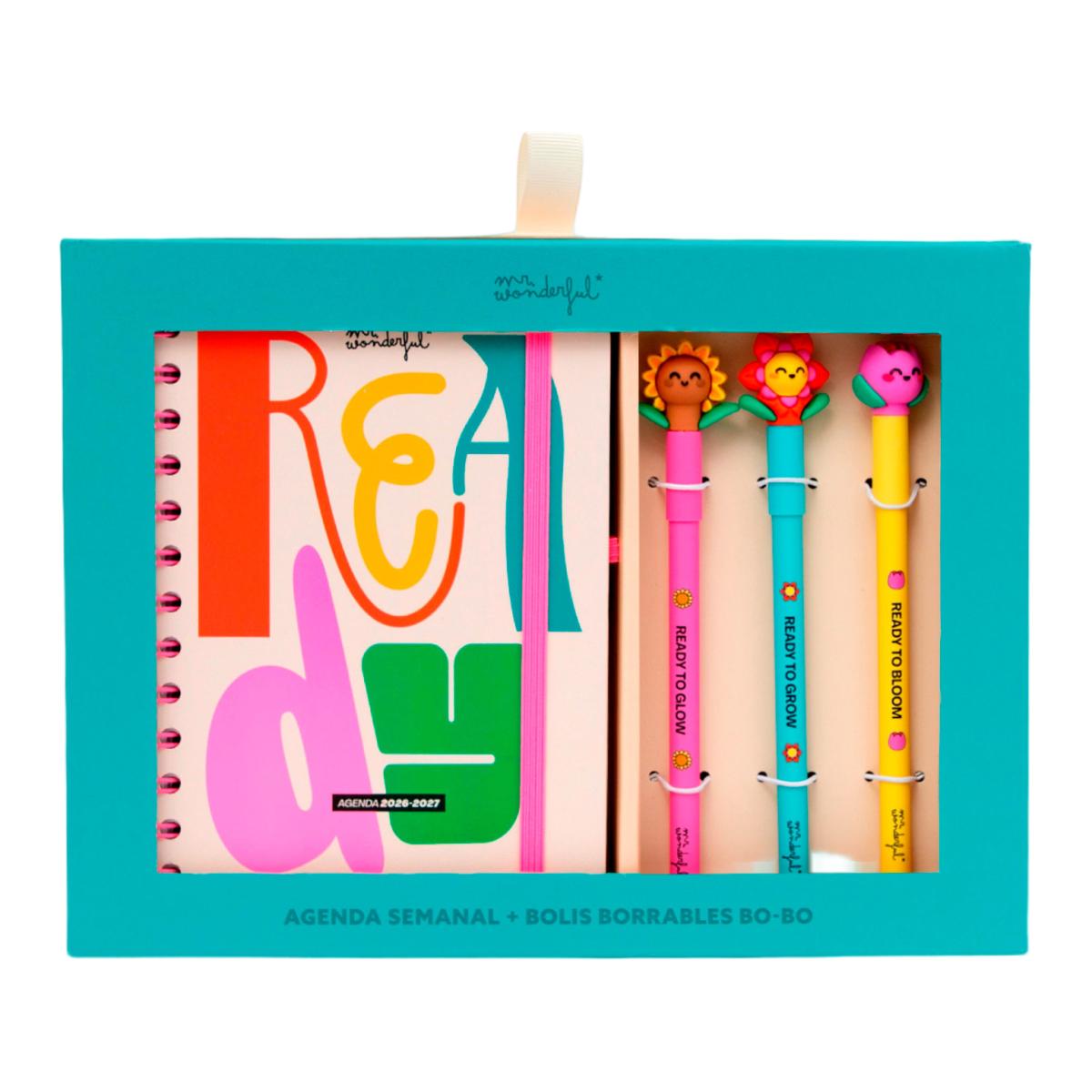 Imagen 0 de Set Agenda Escolar Mr. Wonderful 2026 2027 con 3 Bo-Bo's,  pequeña, vista semanal. Ready