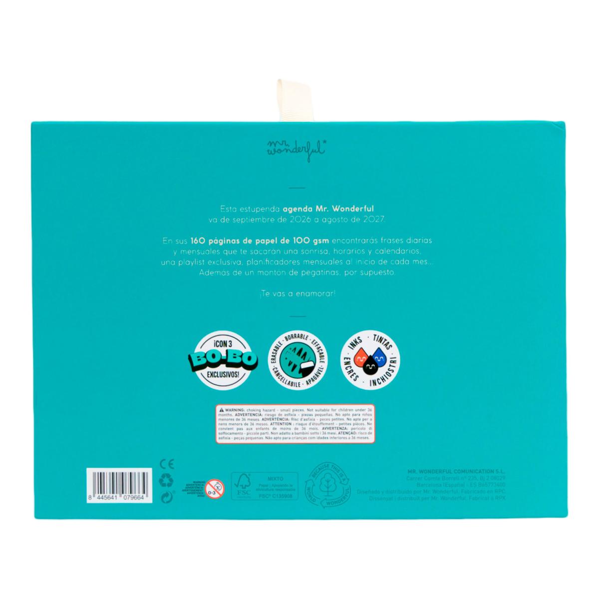 Set Agenda Escolar Mr. Wonderful 2026 2027 con 3 Bo-Bo's, pequeña, vista semanal. Ready 2