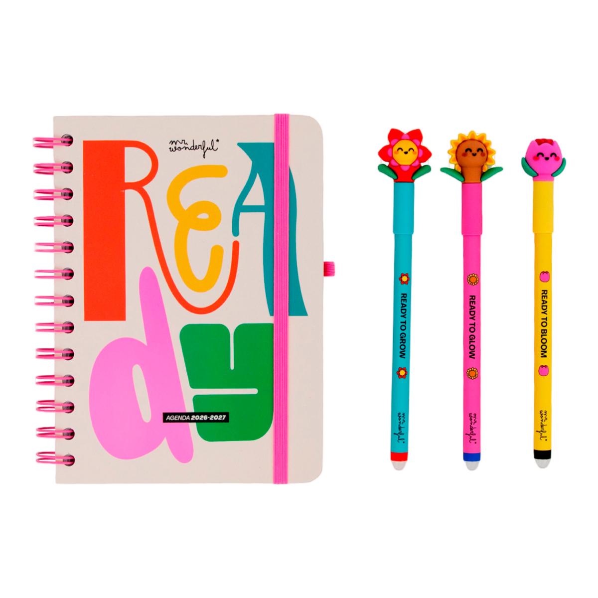 Set Agenda Escolar Mr. Wonderful 2026 2027 con 3 Bo-Bo's, pequeña, vista semanal. Ready 3