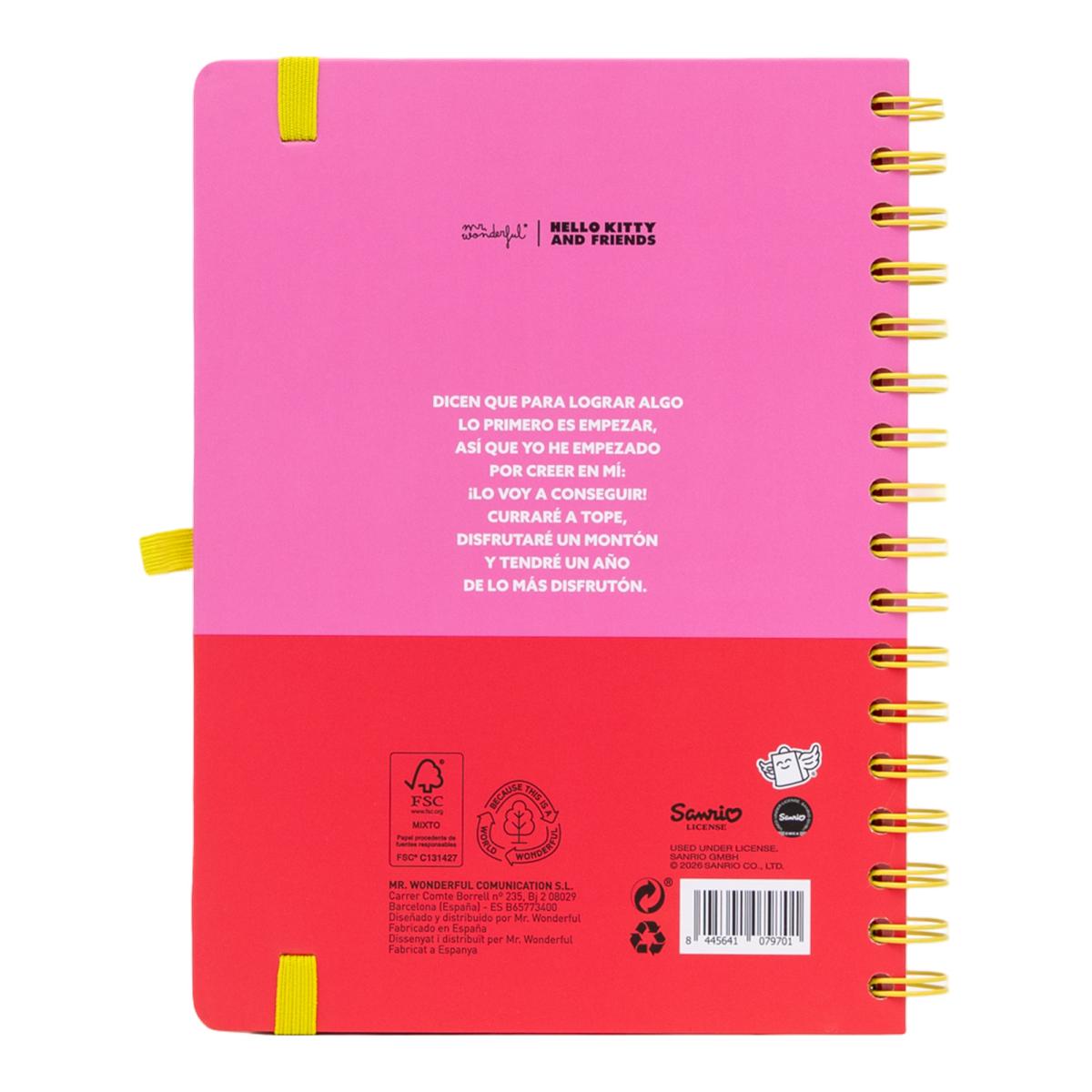 Agenda Escolar 2026 2027 Hello Kitty & Friends Mr. Wonderful, vista semanal. Somos el mejor equipo 2