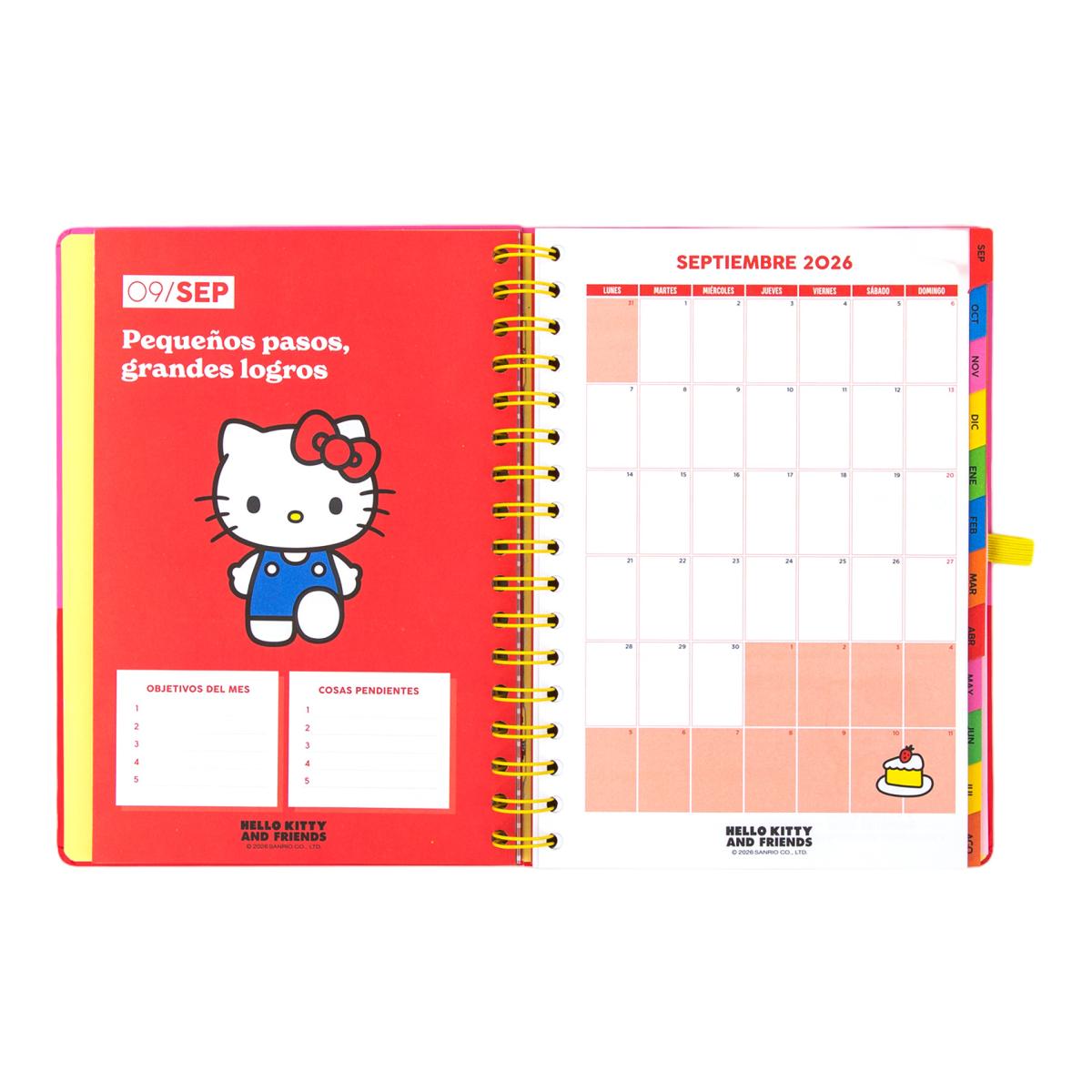 Agenda Escolar 2026 2027 Hello Kitty & Friends Mr. Wonderful, vista semanal. Somos el mejor equipo 7