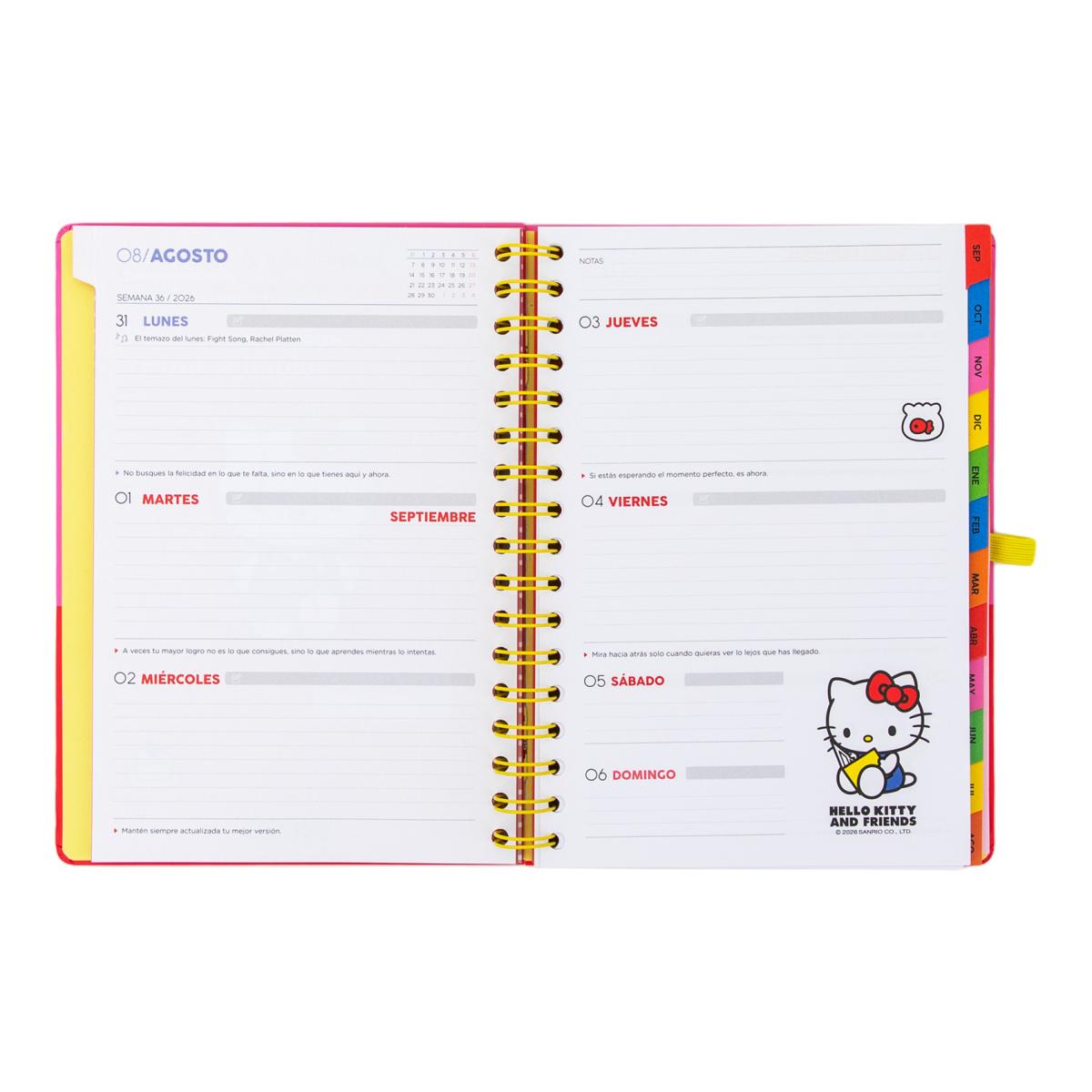 Agenda Escolar 2026 2027 Hello Kitty & Friends Mr. Wonderful, vista semanal. Somos el mejor equipo 8