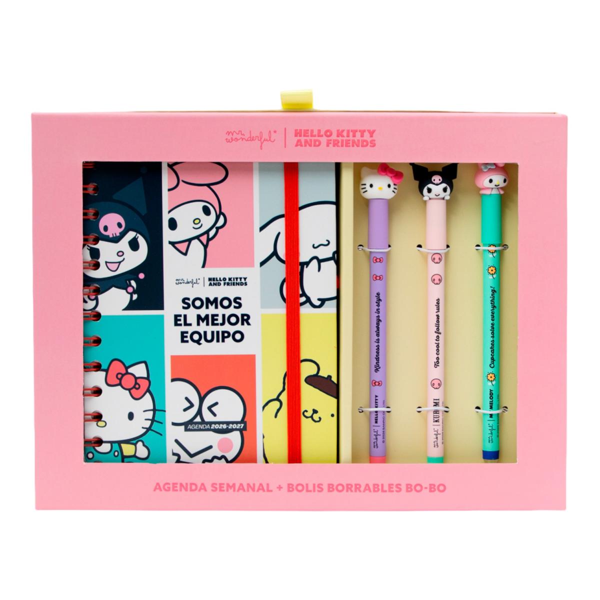 Set Agenda Escolar 2026 2027 Hello Kitty & Friends Mr. Wonderful con 3 Bo-Bo's. Pequeña, vista semanal. Somos el mejor equipo 1