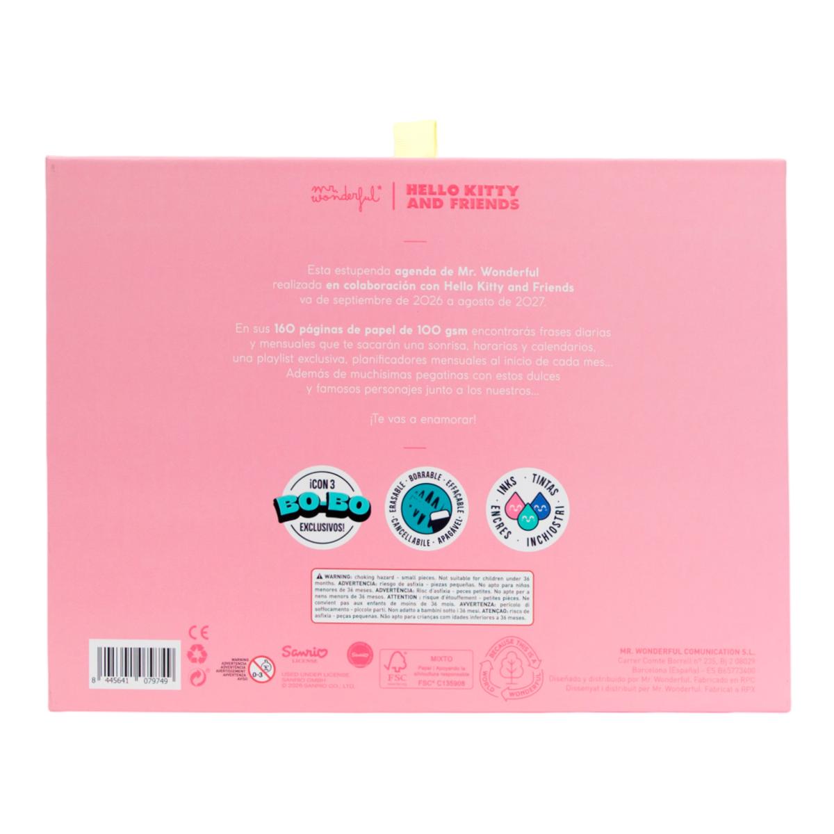 Set Agenda Escolar 2026 2027 Hello Kitty & Friends Mr. Wonderful con 3 Bo-Bo's. Pequeña, vista semanal. Somos el mejor equipo 2