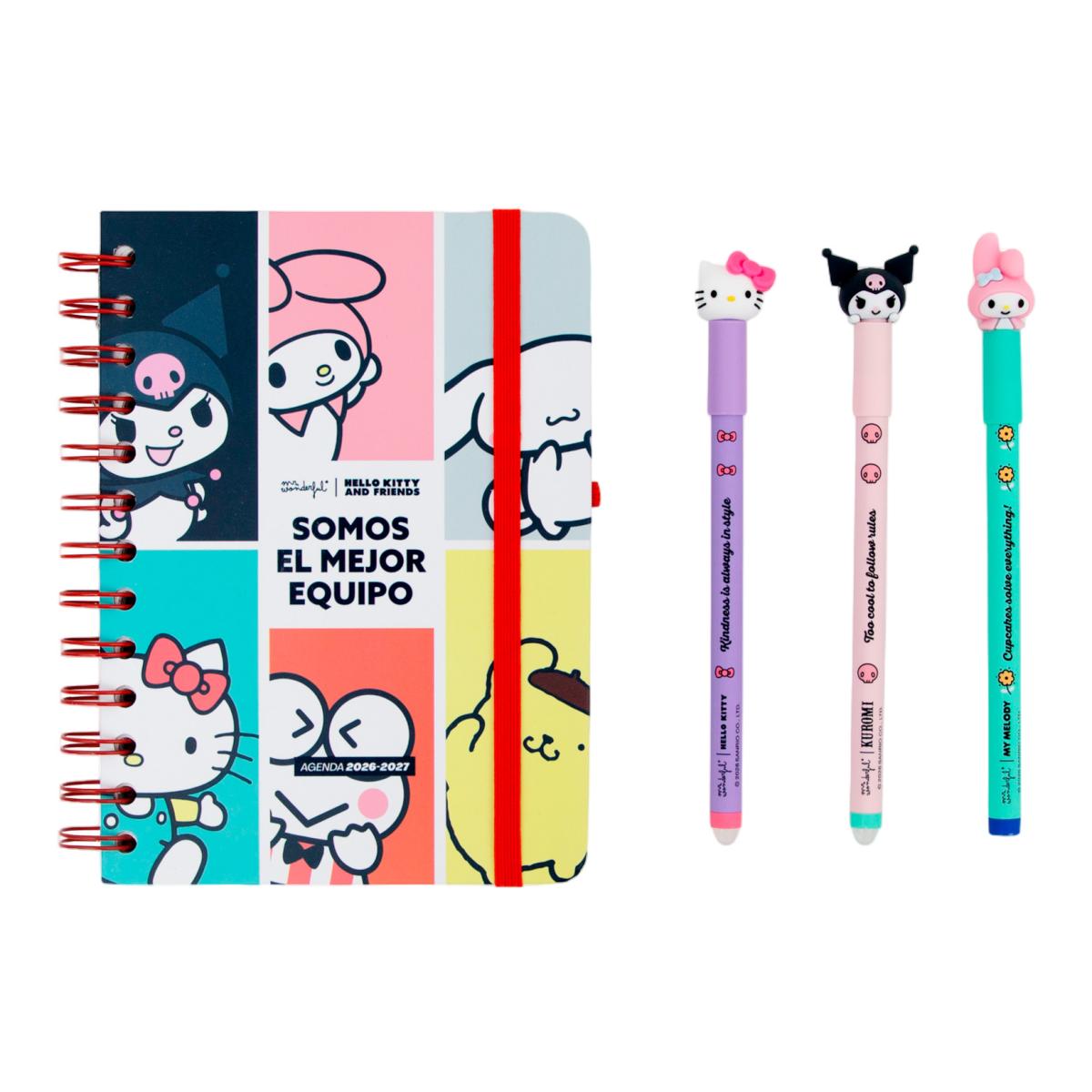 Set Agenda Escolar 2026 2027 Hello Kitty & Friends Mr. Wonderful con 3 Bo-Bo's. Pequeña, vista semanal. Somos el mejor equipo 3
