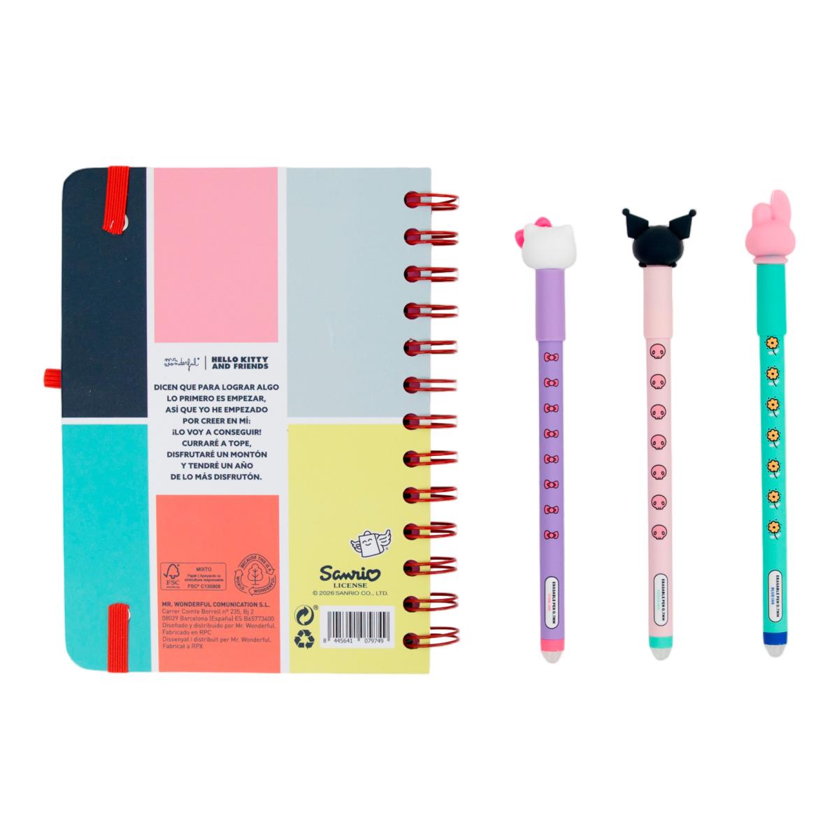 Set Agenda Escolar 2026 2027 Hello Kitty & Friends Mr. Wonderful con 3 Bo-Bo's. Pequeña, vista semanal. Somos el mejor equipo 4