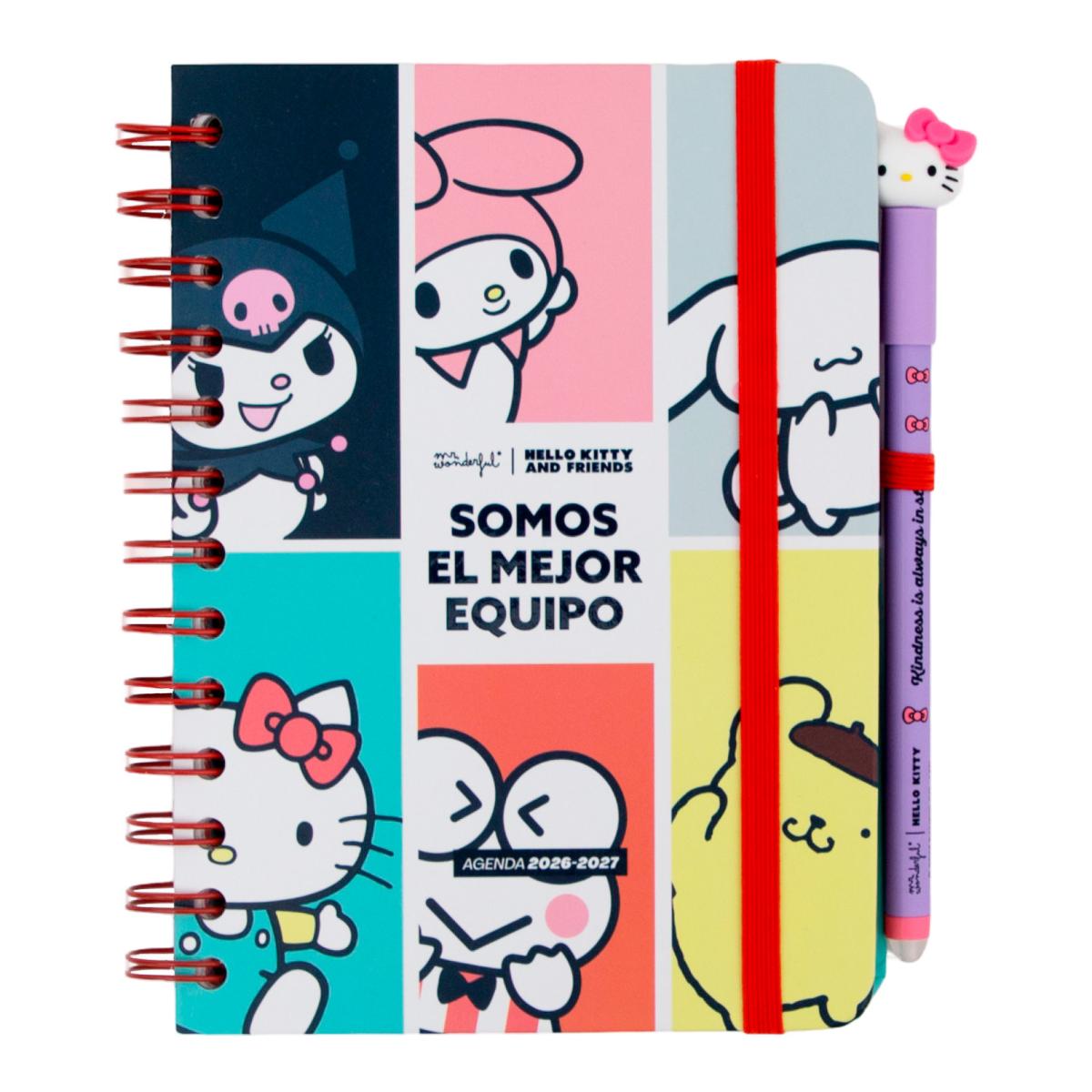 Set Agenda Escolar 2026 2027 Hello Kitty & Friends Mr. Wonderful con 3 Bo-Bo's. Pequeña, vista semanal. Somos el mejor equipo 5