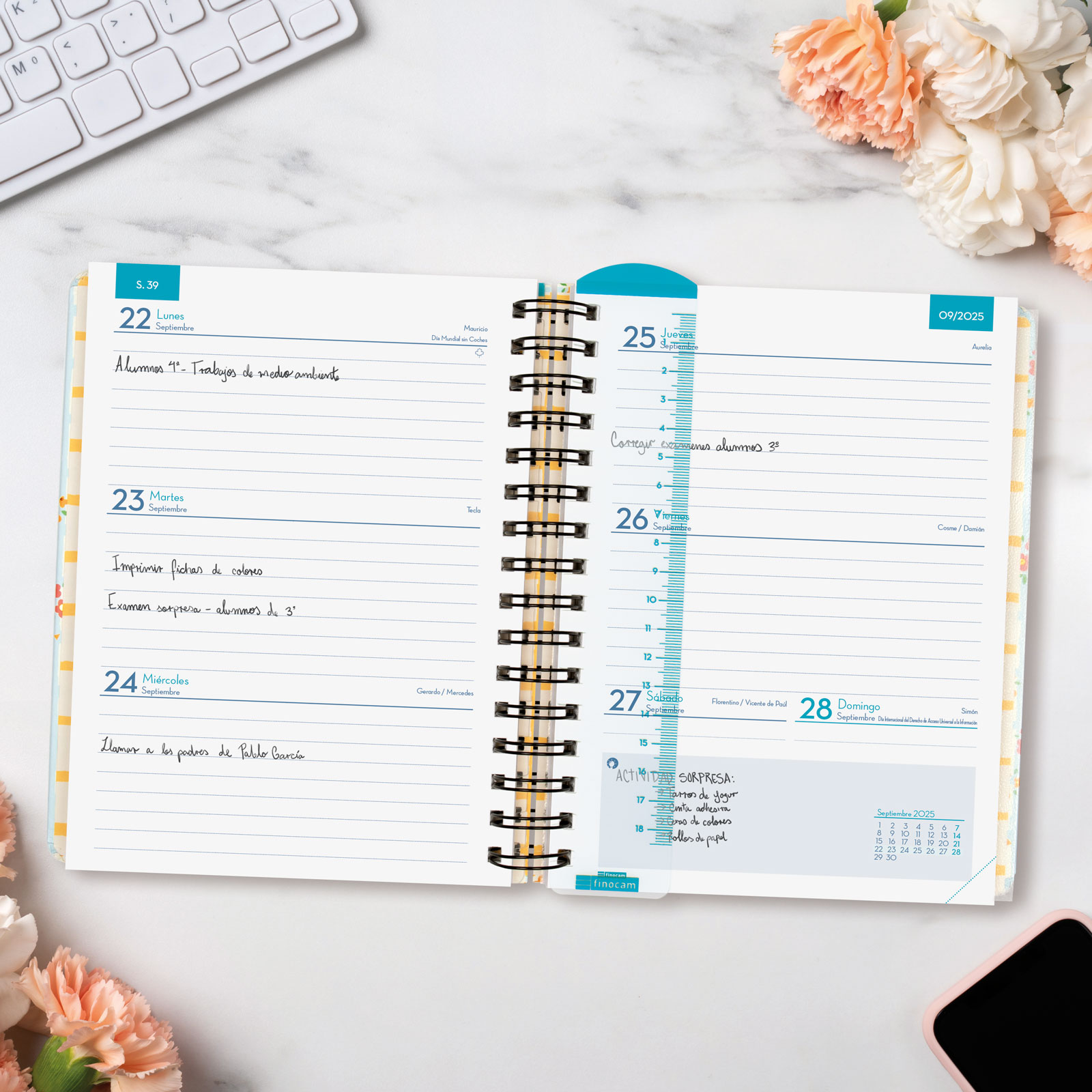 Agenda para el docente curso 2025-2026 Magistral 1/4-155x212 mm semana vista horizontal Flowers Finocam Multicolor-3